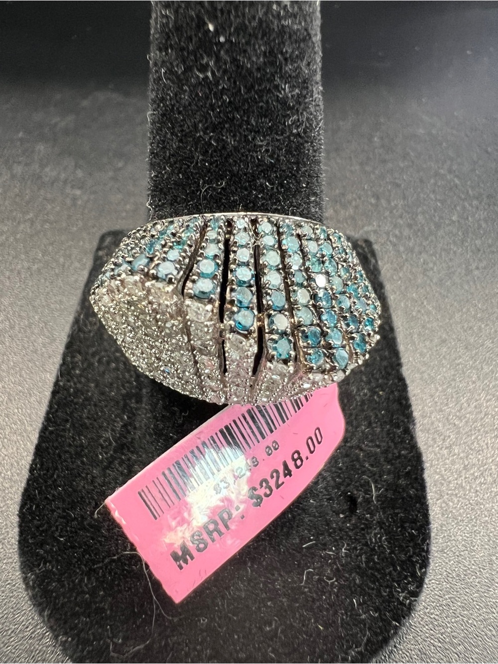 Sterling Silver 925 2.00CTS. Pavé Blue & White Diamond Wide Cocktail Ring Size 7